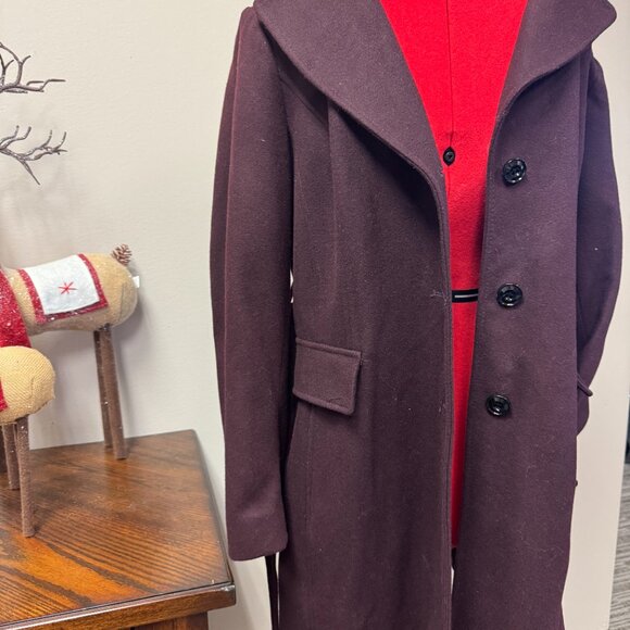 London Fog Wool Coat Burgandy with hood, belt and pockets for women size L - Picture 5 of 15
